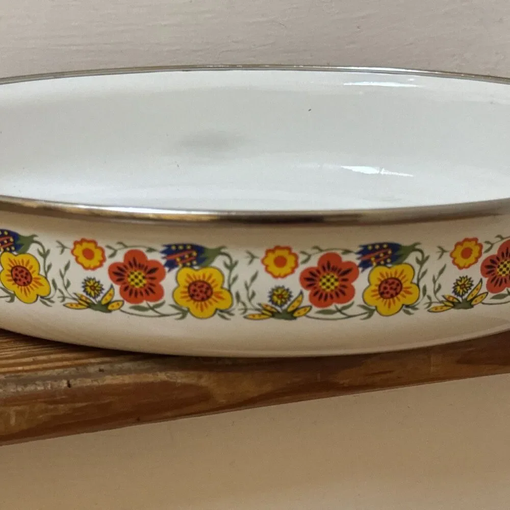 Vintage Enamelware Roasting Pan Retro 70’s Orange Yellow Flowers 13x9.5x2 3/8”D